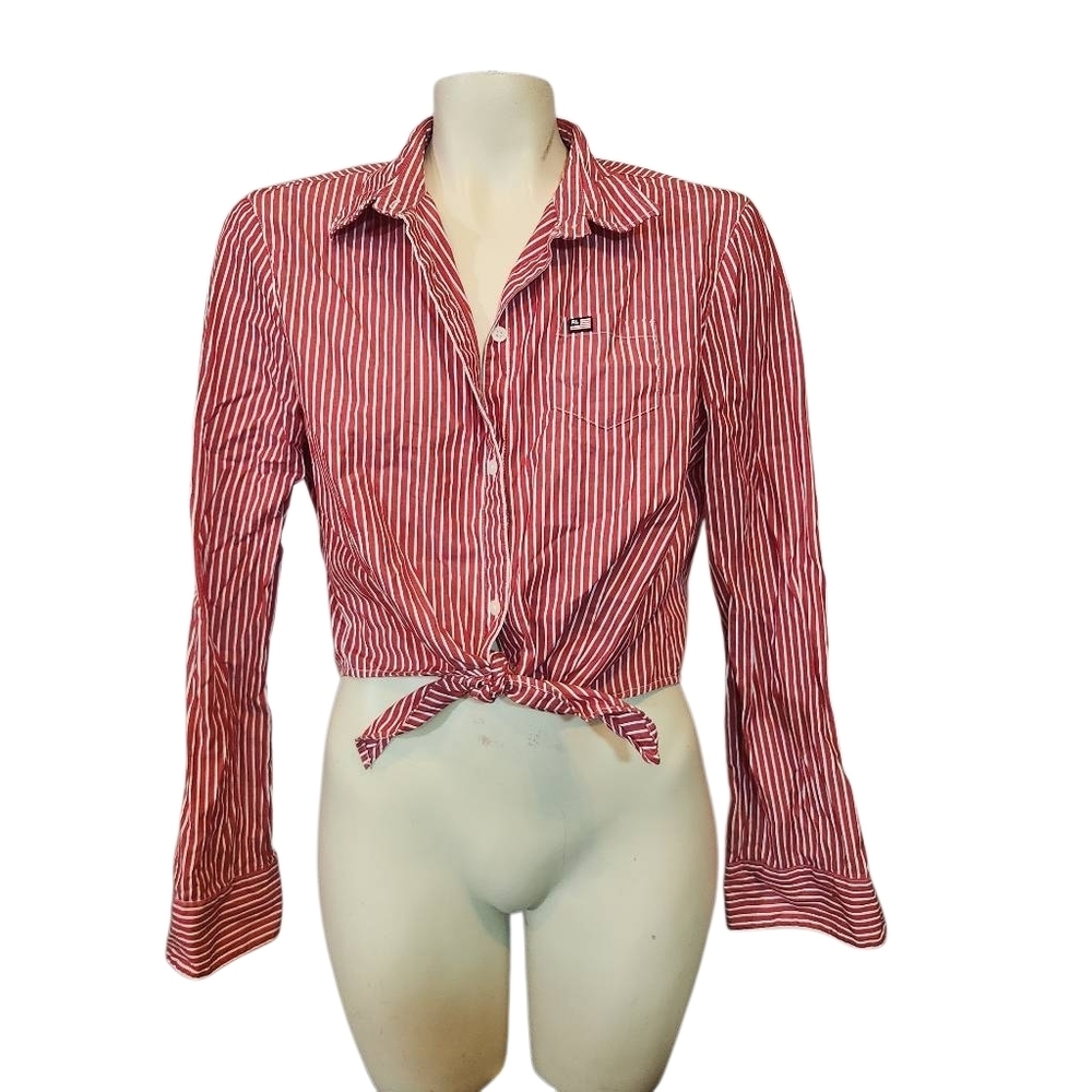 Ralph Lauren‎ Polo Jeans Co Red and White Striped Tie Front Shirt Size Large